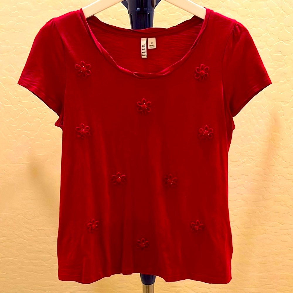 ELLE Red Embroidered Floral Top